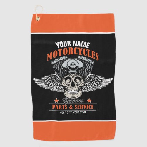 Personalized Biker Flying Skull Motorcycle Shop  Golf Towel