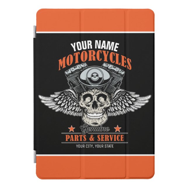 Personalized Biker Flying Skull Motorcycle Shop iPad Pro Cover (Front)