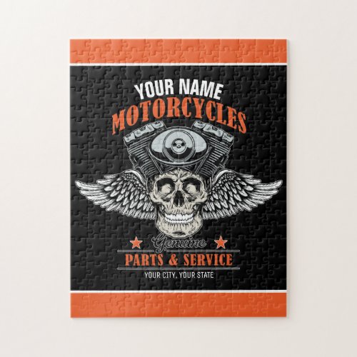 Personalized Biker Flying Skull Motorcycle Shop  Jigsaw Puzzle