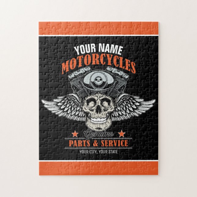 Personalized Biker Flying Skull Motorcycle Shop  Jigsaw Puzzle (Vertical)