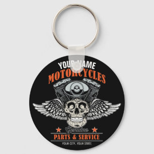 Personalized Biker Flying Skull Motorcycle Shop Keychain