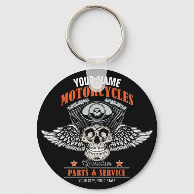 Personalized Biker Flying Skull Motorcycle Shop  Keychain (Front)