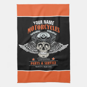 Personalized Biker Flying Skull Motorcycle Shop Kitchen Towel