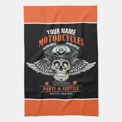 Personalized Biker Flying Skull Motorcycle Shop  Kitchen Towel