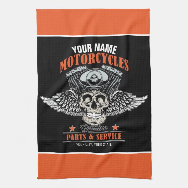 Personalized Biker Flying Skull Motorcycle Shop  Kitchen Towel (Vertical)