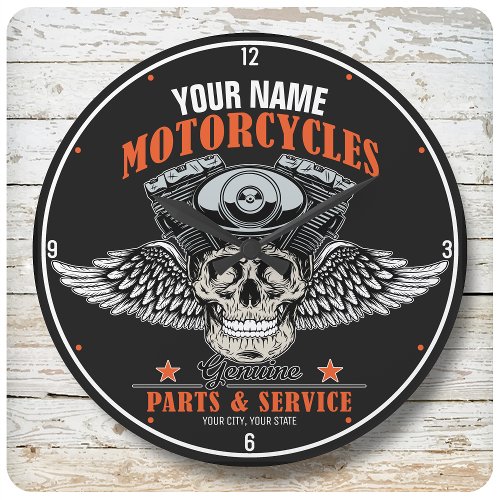 Personalized Biker Flying Skull Motorcycle Shop Large Clock