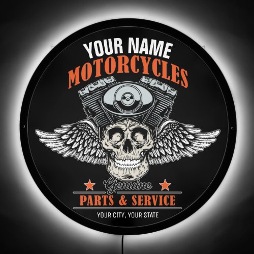 Personalized Biker Flying Skull Motorcycle Shop LED Sign