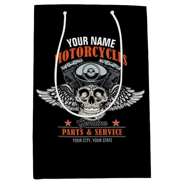 Personalized Biker Flying Skull Motorcycle Shop Medium Gift Bag (Front)