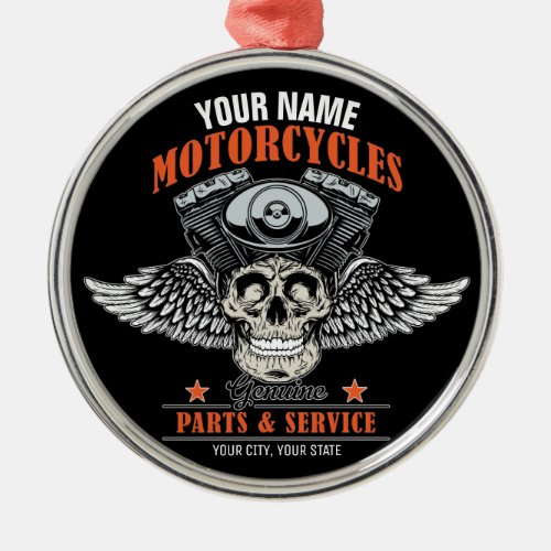 Personalized Biker Flying Skull Motorcycle Shop  Metal Ornament