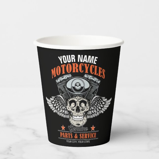 Personalized Biker Flying Skull Motorcycle Shop  Paper Cups (Front)