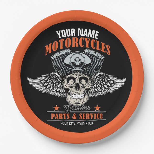 Personalized Biker Flying Skull Motorcycle Shop  Paper Plates (Front)