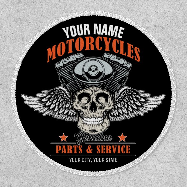 Personalized Biker Flying Skull Motorcycle Shop  Patch (Front)