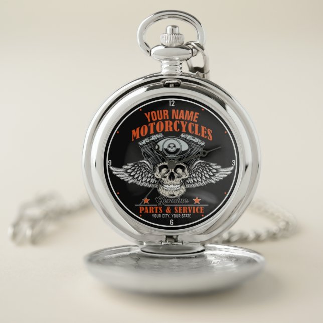 Personalized Biker Flying Skull Motorcycle Shop Pocket Watch (Inside)