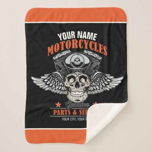 Personalized Biker Flying Skull Motorcycle Shop  Sherpa Blanket