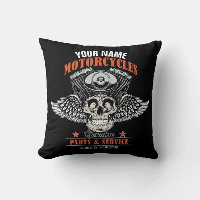 Personalized Biker Flying Skull Motorcycle Shop Throw Pillow (Front)