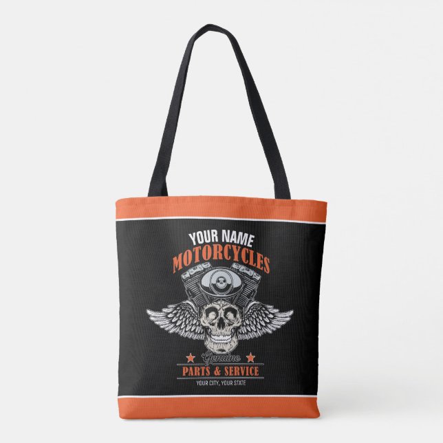 Personalized Biker Flying Skull Motorcycle Shop  Tote Bag (Back)