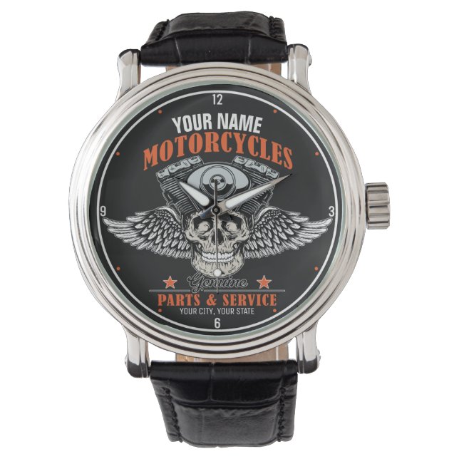 Personalized Biker Flying Skull Motorcycle Shop  Watch (Front)