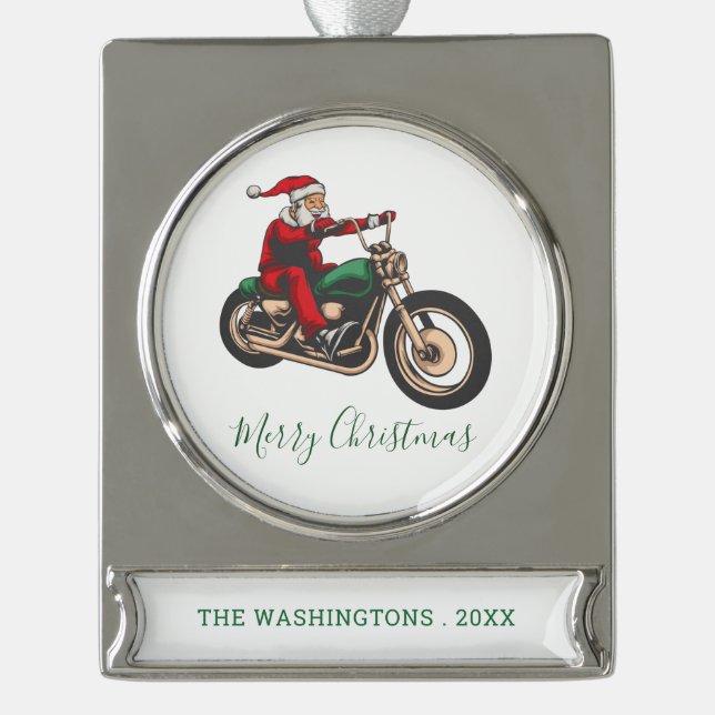 Personalized Biker in Santa Costume Christmas Silver Plated Banner Ornament (Front)