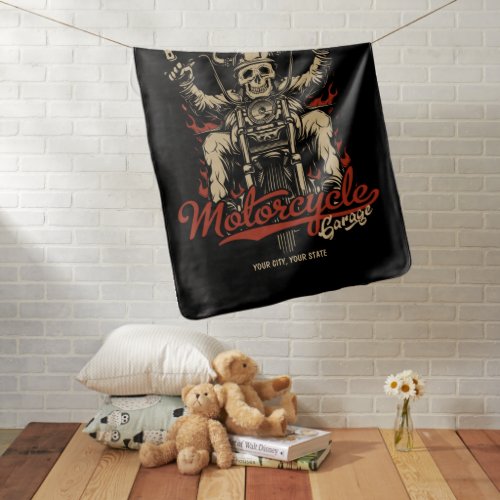 Personalized Biker Skeleton Motorcycle Shop Garage Baby Blanket