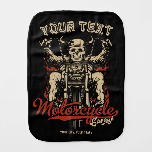 Personalized Biker Skeleton Motorcycle Shop Garage Baby Burp Cloth