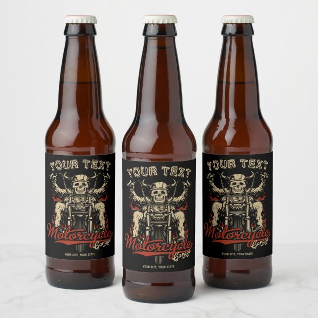Personalized Biker Skeleton Motorcycle Shop Garage Beer Bottle Label (Bottles)