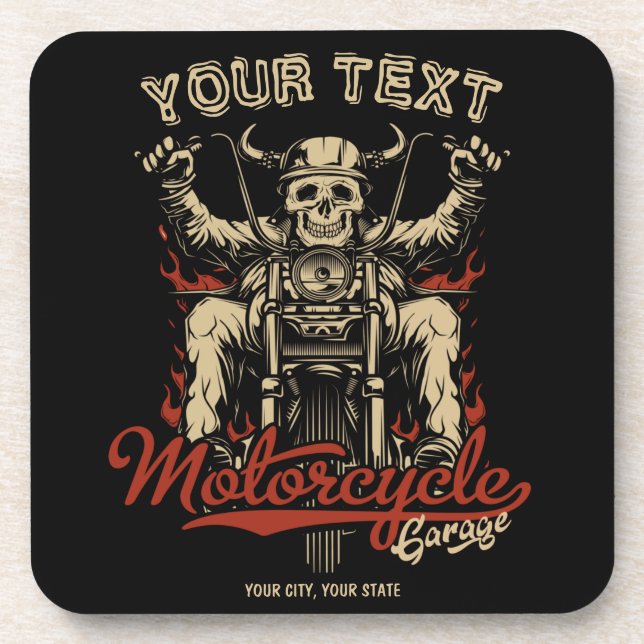 Personalized Biker Skeleton Motorcycle Shop Garage Beverage Coaster (Front)