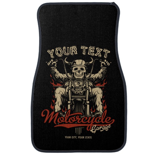 Personalized Biker Skeleton Motorcycle Shop Garage Car Floor Mat (Front)