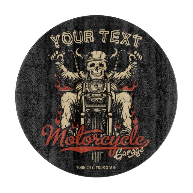 Personalized Biker Skeleton Motorcycle Shop Garage Cutting Board (Front)