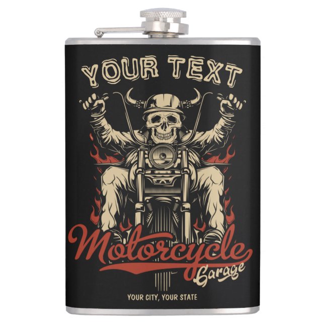 Personalized Biker Skeleton Motorcycle Shop Garage Flask (Front)