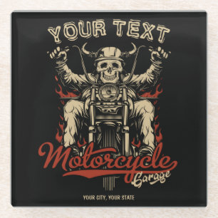 Personalized Biker Skeleton Motorcycle Shop Garage Glass Coaster