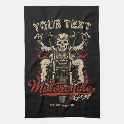 Personalized Biker Skeleton Motorcycle Shop Garage Kitchen Towel