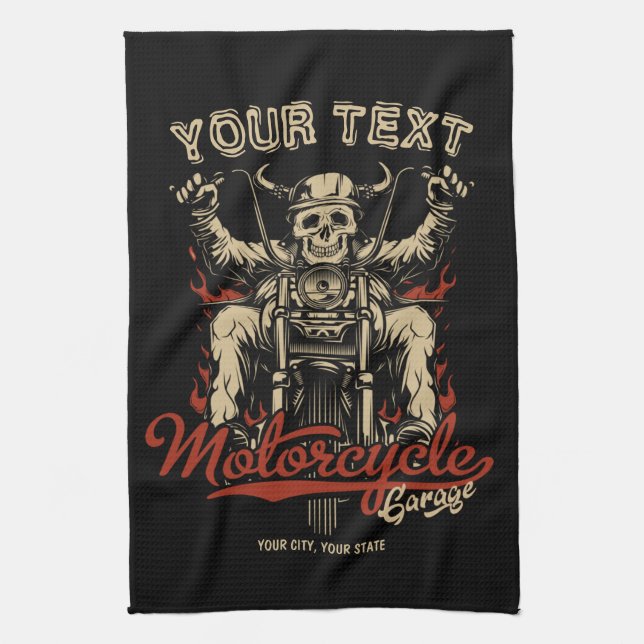 Personalized Biker Skeleton Motorcycle Shop Garage Kitchen Towel (Vertical)