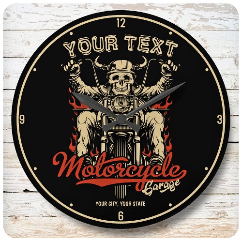Personalized Biker Skeleton Motorcycle Shop Garage Large Clock