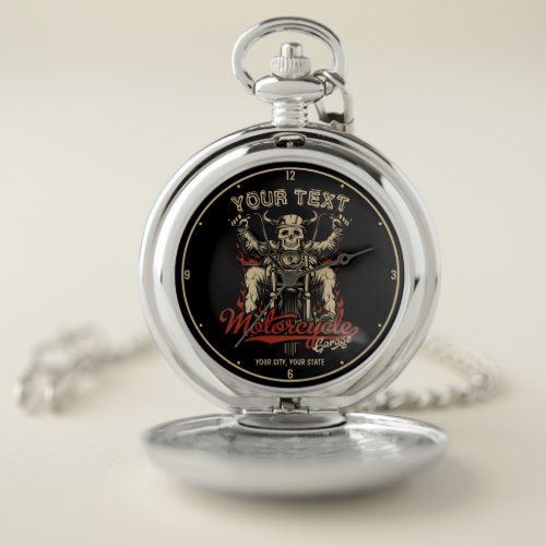 Personalized Biker Skeleton Motorcycle Shop Garage Pocket Watch