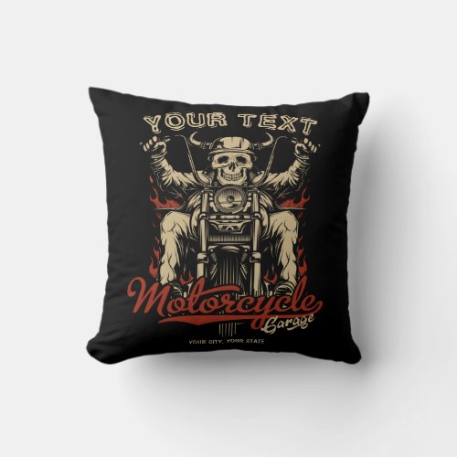 Personalized Biker Skeleton Motorcycle Shop Garage Throw Pillow