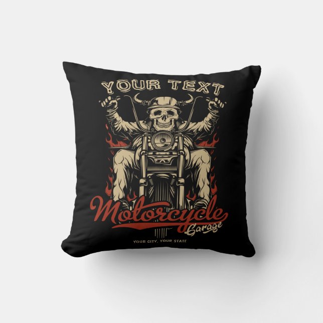 Personalized Biker Skeleton Motorcycle Shop Garage Throw Pillow (Front)