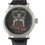 Personalized Biker Skeleton Motorcycle Shop Garage Watch<br><div class="desc">Personalized Biker Skeleton Motorcycle Shop Garage design,  featuring badass skeleton biker riding a custom bobber. Customize with your name or custom text.</div>