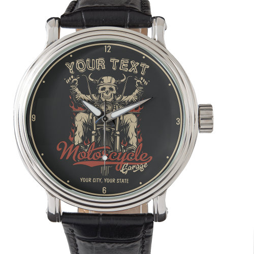 Personalized Biker Skeleton Motorcycle Shop Garage Watch