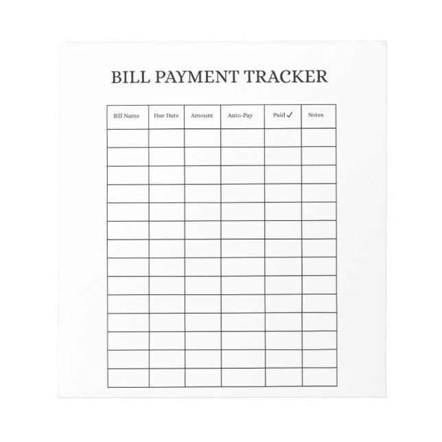 Personalized Bill Payment Tracker Notepad (Front)