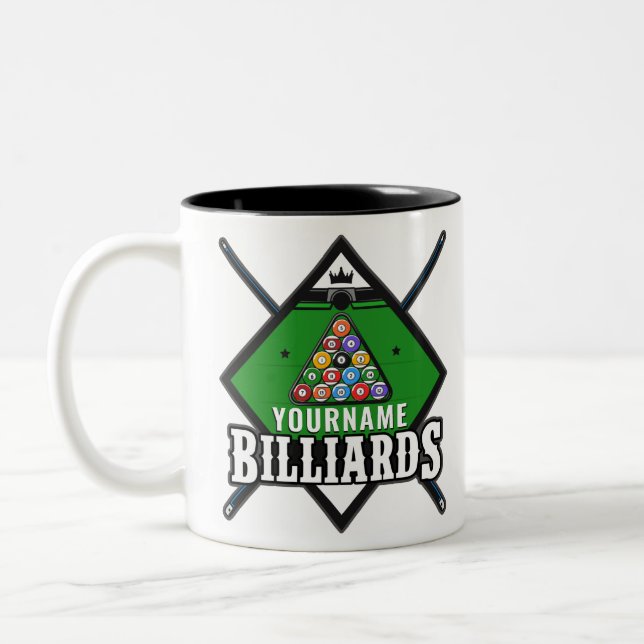 Personalized Billiards NAME Cue Rack Pool Room   Two-Tone Coffee Mug (Left)