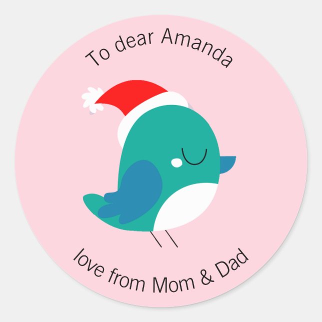 Personalized Bird Pink Holiday Gift Label Sticker (Front)