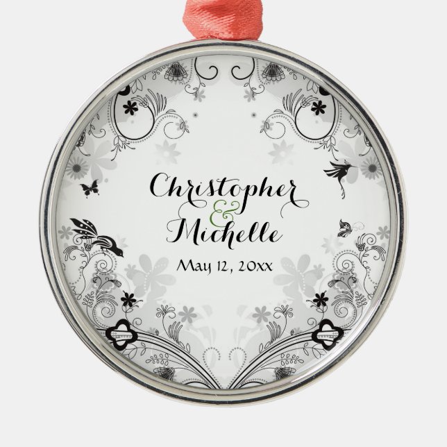 Personalized Birds and Flower Garden Couple's' Metal Ornament (Front)