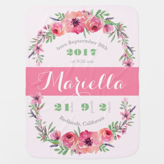 Personalized birth announcement, baby stats - pink swaddle blanket (Front)