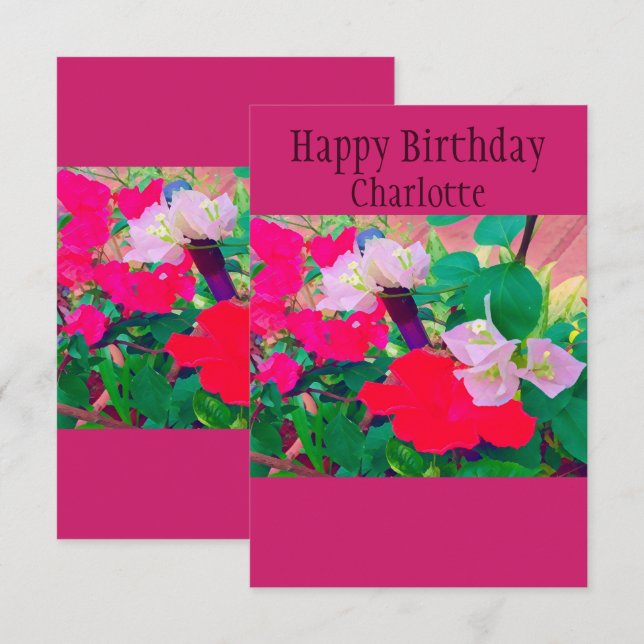 Personalized Birth-Day Red Hibiscus Watercolor Card (Front/Back)