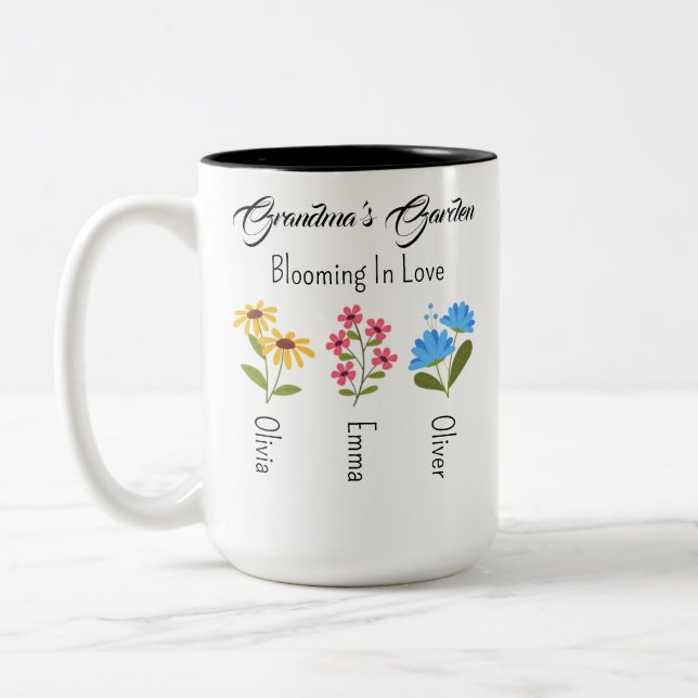 Personalized Birth Flower Gift, Grandma's Garden  Two-Tone Coffee Mug (Left)