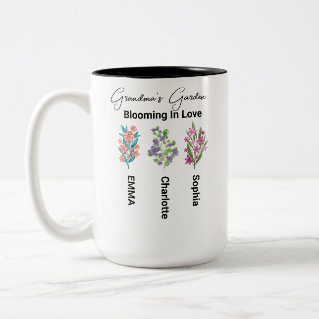 Personalized Birth Flower Gift, Grandma's Garden  Two-Tone Coffee Mug (Left)