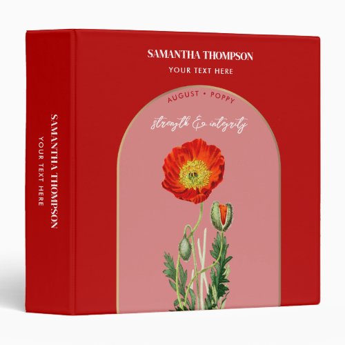 Personalized Birth Flower Month August Poppy 3 Ring Binder