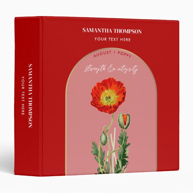 Personalized Birth Flower Month August Poppy 3 Ring Binder (Front/Spine)