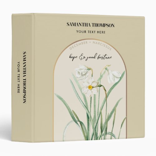 Personalized Birth Flower Month December Narcissus 3 Ring Binder