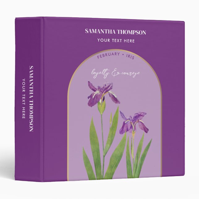 Personalized Birth Flower Month February Iris  3 Ring Binder (Front/Spine)